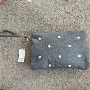 New York & Company Charcoal Wristlet with Pearl Embellishments